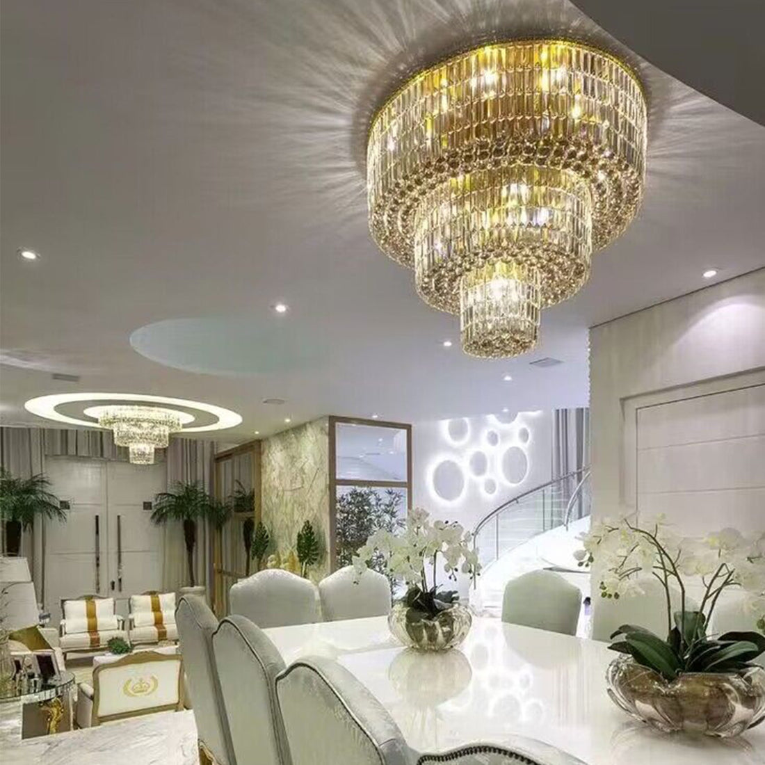 MODERN extra large/huge 3-tiered gold crystal light ceiling round crystal light fixture for living room/dining room/foyer