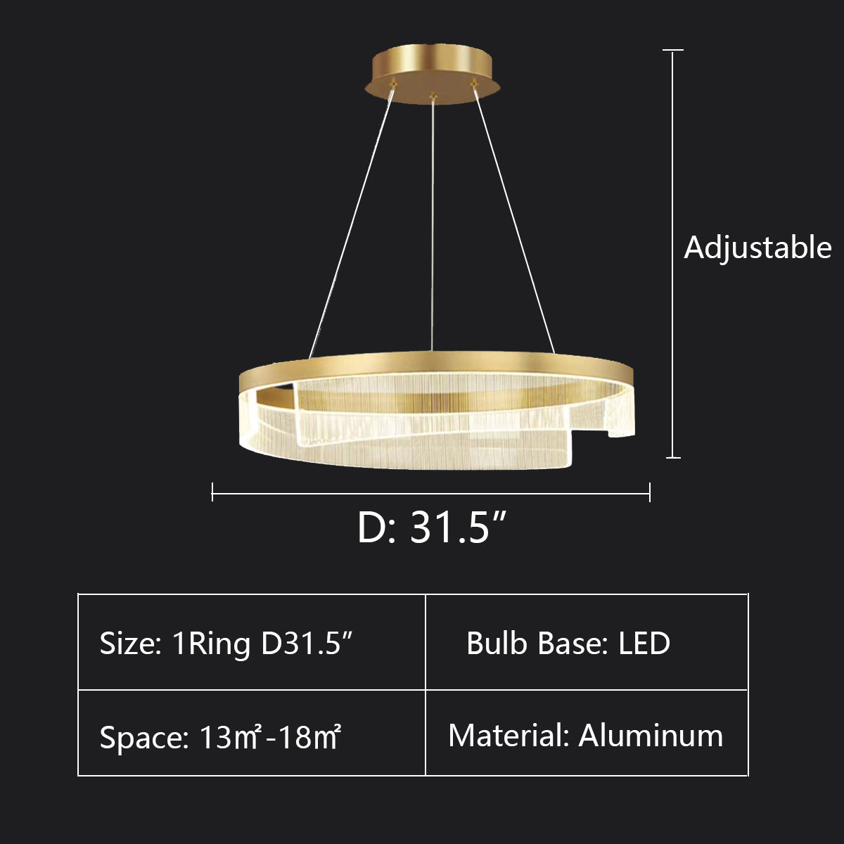 1Ring:D31.5" chandelier,chandeliers,aluminum,gold,adjustable,Acrylic lampshade，dining table,round,ring,circle,round table,big table,long table,light fixture,living room,bar,cafe,dining room,foyer,entryway