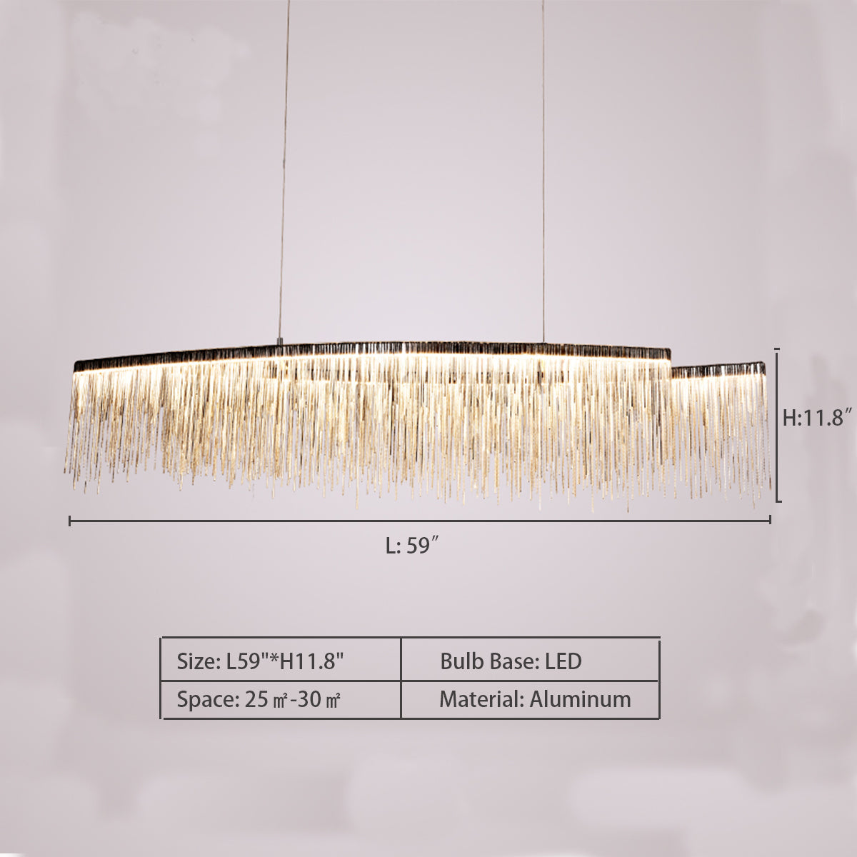 L59.0"*H11.8" Aleeha LED Modern Pendant Light, Aluminum Tassel Linear Chandelier, Chrome Light Fixtures,chandelier,chandeliers,pendant,tassel,aluminum,irregular,kitchen island,dining ar,dining table,long table,big table,chrome,gold