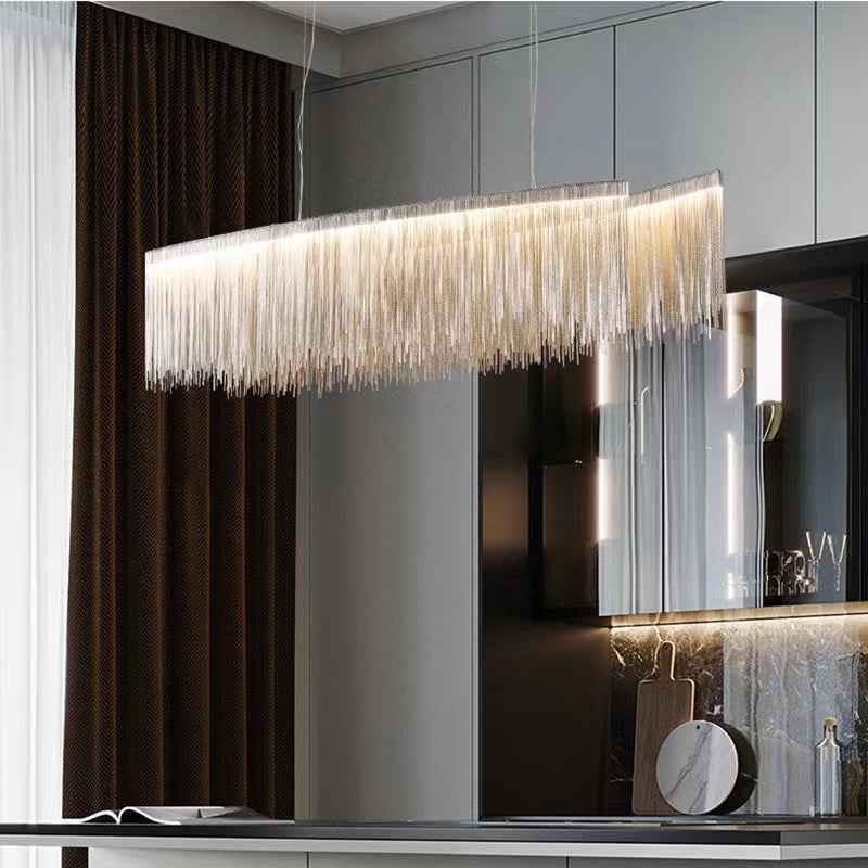 Aleeha LED Modern Pendant Light, Aluminum Tassel Linear Chandelier, Chrome Light Fixtures,chandelier,chandeliers,pendant,tassel,aluminum,irregular,kitchen island,dining ar,dining table,long table,big table,chrome,gold