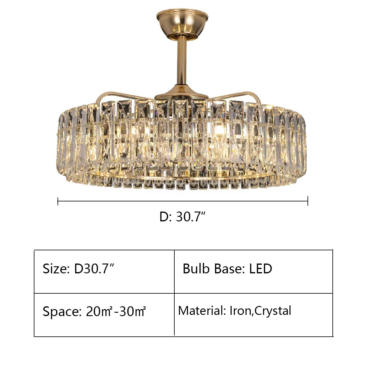 D30.7" chandelier,chandeliers,fan,fann light,invisible,gold,iron,glass,3 blades,blads,ceiling,living room,dining room,bedroom,bar