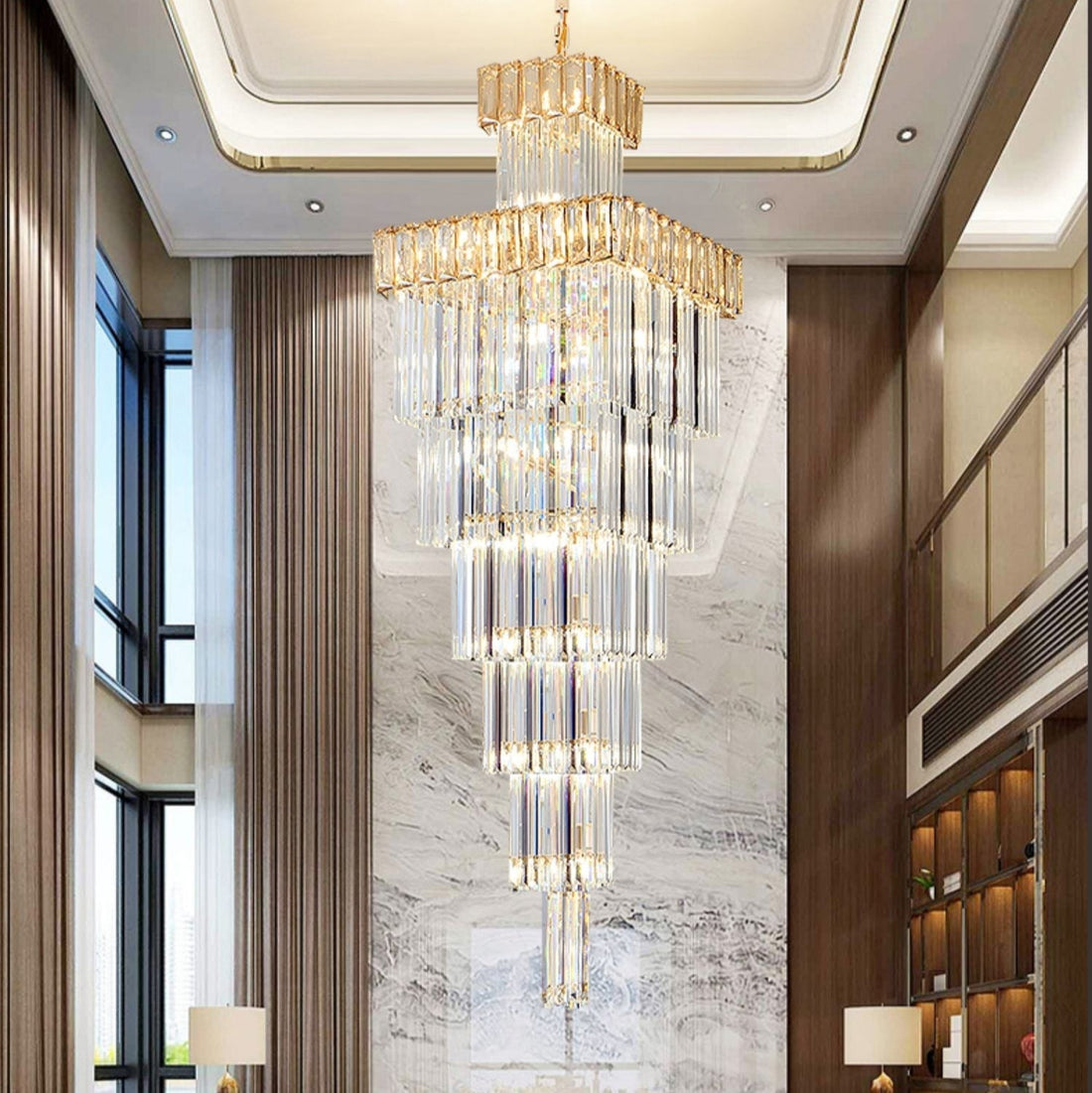 Decorative Oversized L39.4"*W39.4"*H157.5" Vertical Crystal Staircase Chandelier Foyer Ceiling Light Fixture Lamp In Gray/ Amber Brim