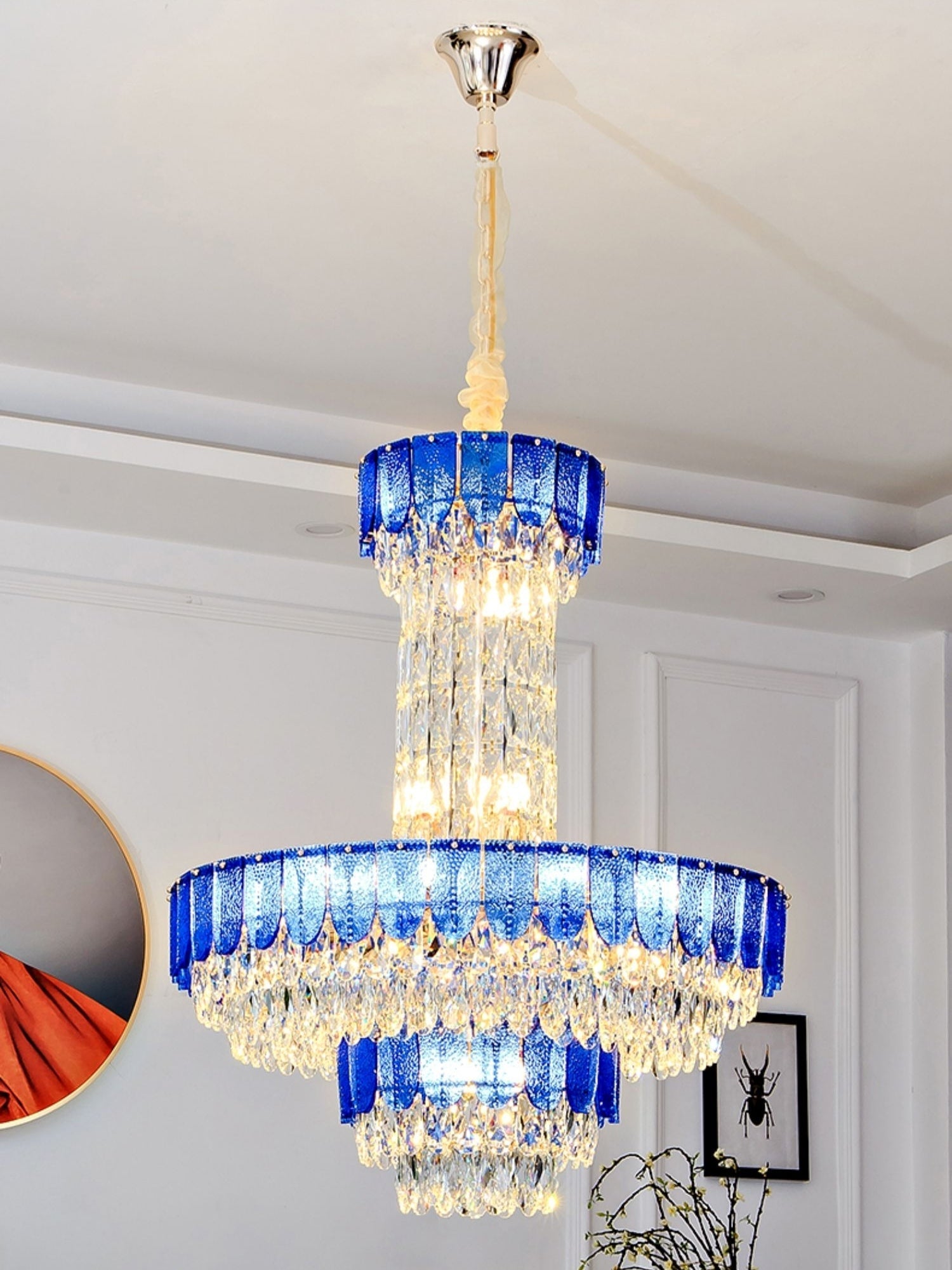 Luxury Restaurant/ Hotel Chandelier Foyer Duplex High Ceiling Light Fixture For Staircase And Living Room In Gray/ Amber/ Blue Trimmed