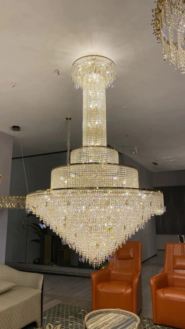 European-style Oversized Luxury Crystal Chandelier Art Butterfly Crystal Decorative Light Fixture for Foyer/Staircase， gold, tiered
